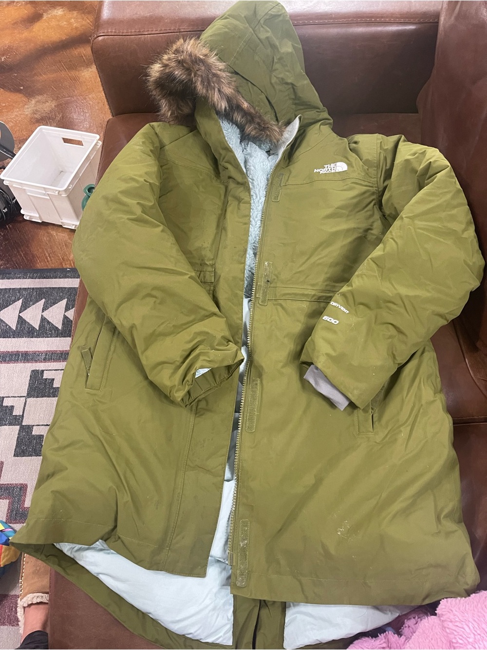 The North Face Olive Green Down Parka with Faux Fur Hood size youth XL 14/16